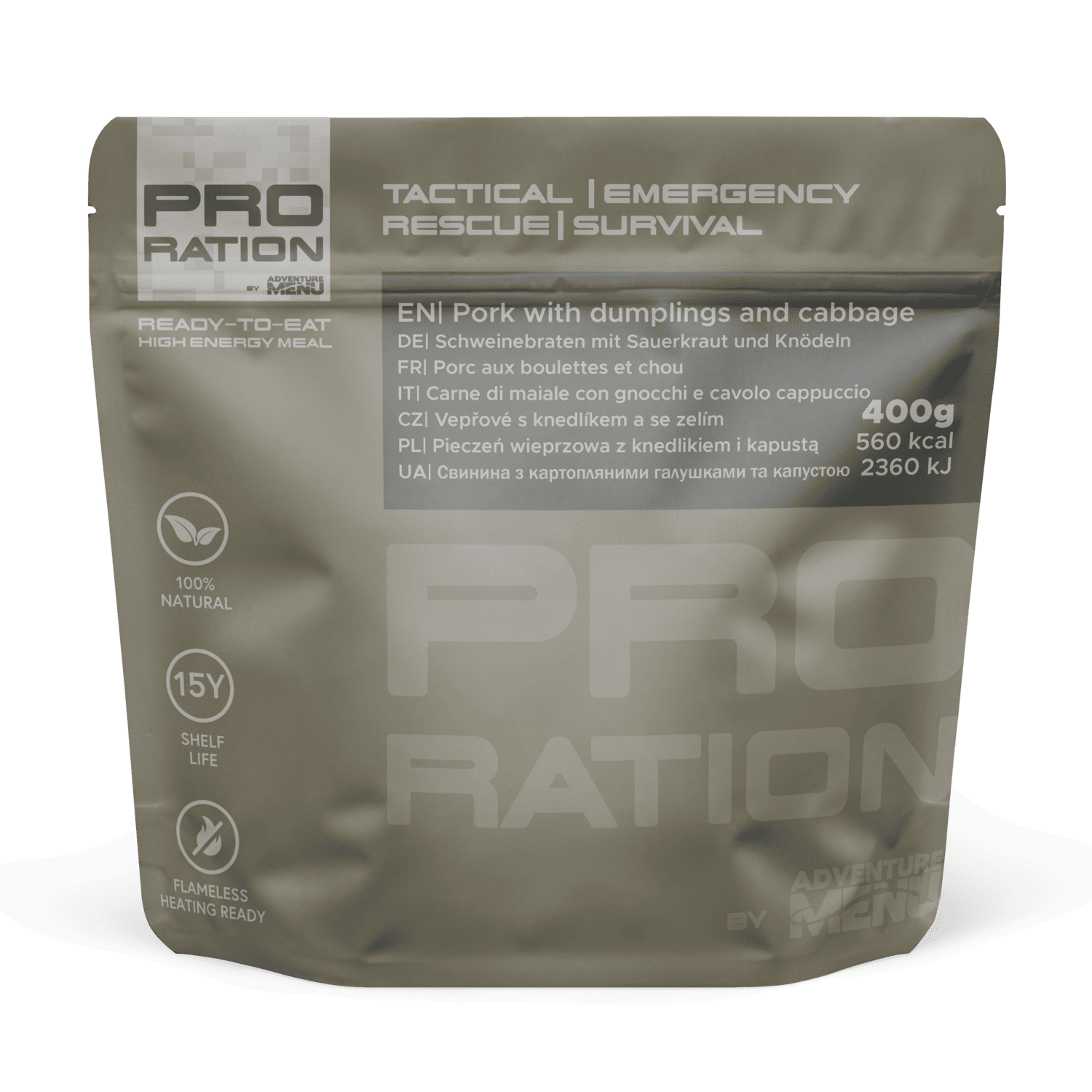 Kit IV – Pork & Meatballs with Rice Meal, emergency food, 2 meals + water + flameless heater, 15-year shelf life